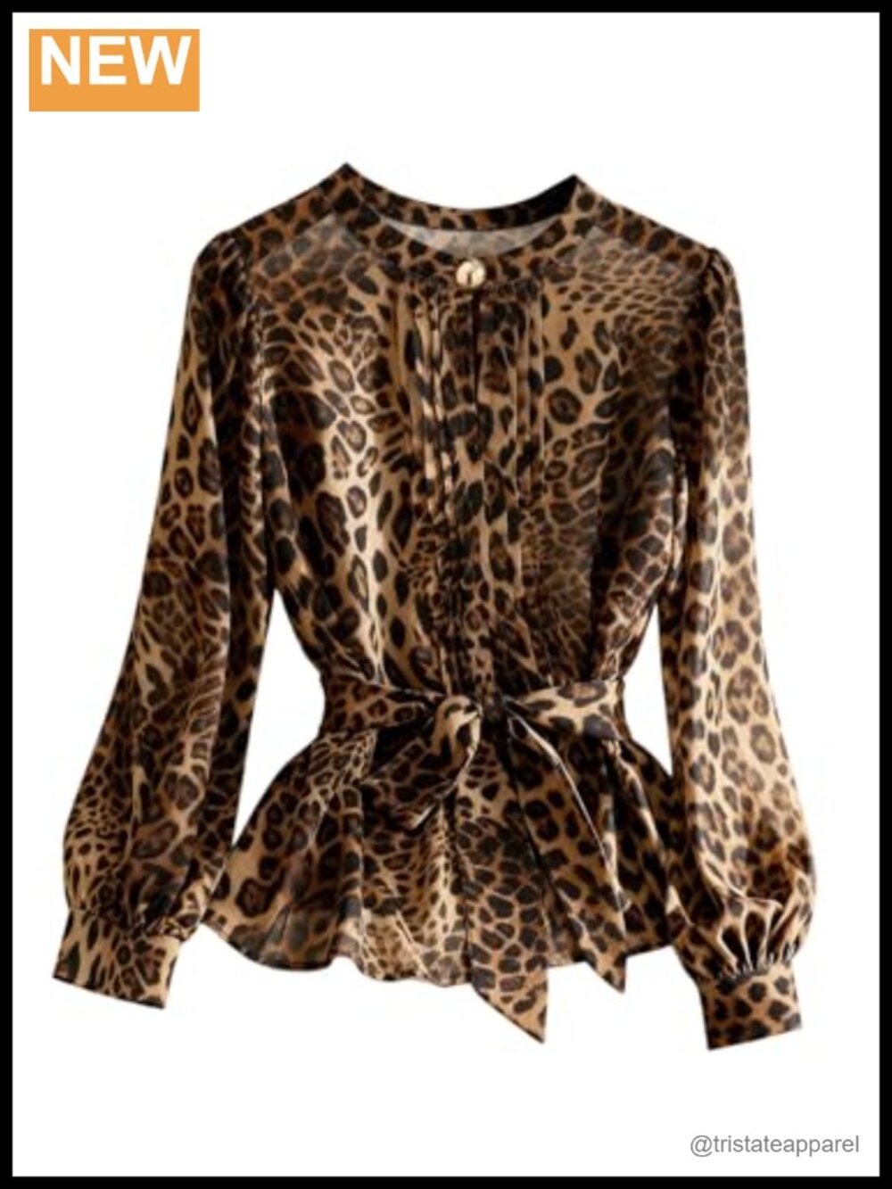 Plus Size Peplum Blouse Long Sleeve Chiffon Animal Print Belted Keyhole Neck